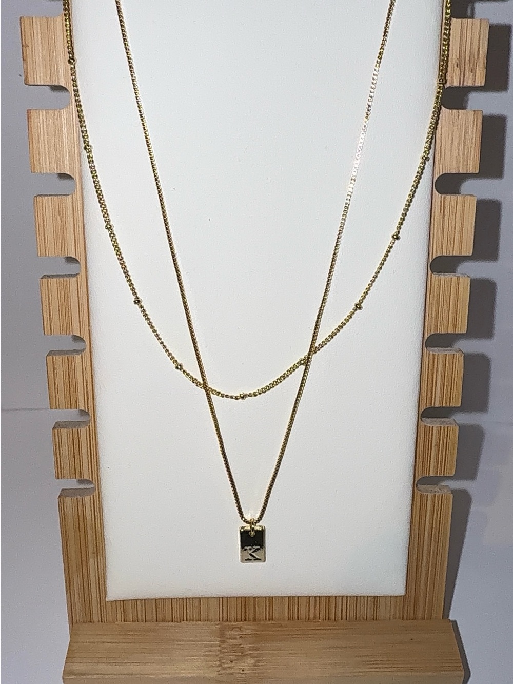 14K Gold Plated Layered Initial Necklace - Letter K Tag & Bead Chain Set